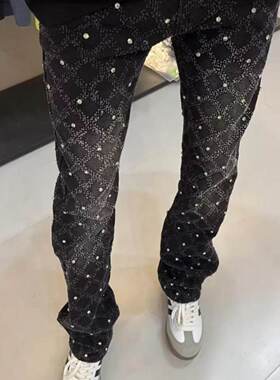 高街美式AM新款黑色男士满天星牛仔裤柳丁破洞刺绣弹力潮流牛仔裤