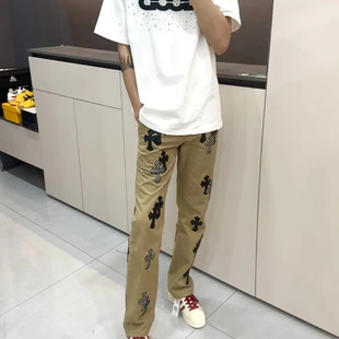 网红同款十字架贴标重工牛仔裤男痞帅高街水洗潮流卡其色直筒裤子