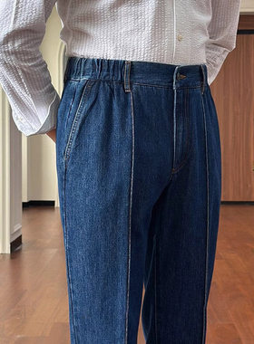 轻熟风时尚潮流松紧腰修身直筒水洗牛仔裤日常休闲英伦复古长裤男