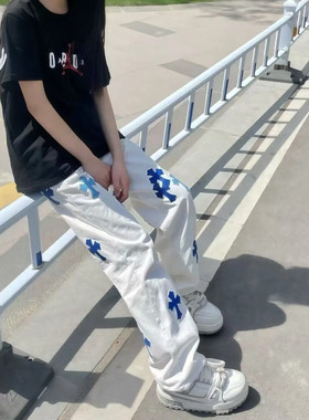 美式高街贴皮十字架白色轻奢牛仔裤潮牌宽松男女直筒长裤网红裤子
