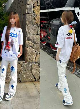 美式贴皮高街白色轻奢牛仔裤潮牌十字架宽松男女直筒水洗长裤裤子