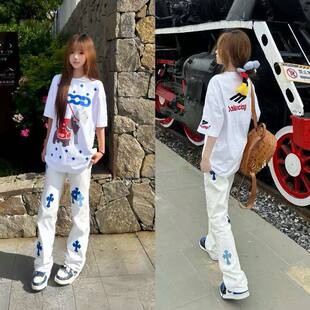 美式贴皮高街白色轻奢牛仔裤潮牌十字架宽松男女直筒水洗长裤裤子