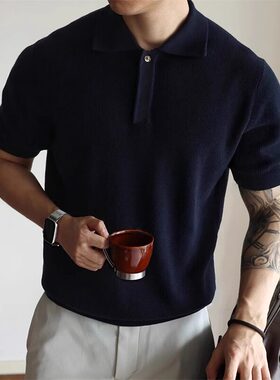 美式隐藏门襟翻领针织POLO短袖T恤休闲商务复古男士翻领半袖夏季