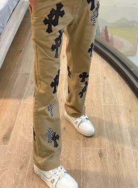 美式高街轻奢牛仔裤男女重工十字架布贴复古水洗做旧休闲直筒裤潮