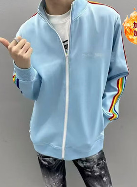 网红轻奢彩虹条纹休闲加绒夹克男女秋冬季美式高街运动宽松外套潮