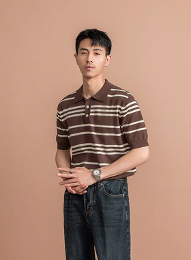 夏季高定经典条纹翻领短袖Polo衫男士百搭舒适冰丝感针织毛衣男