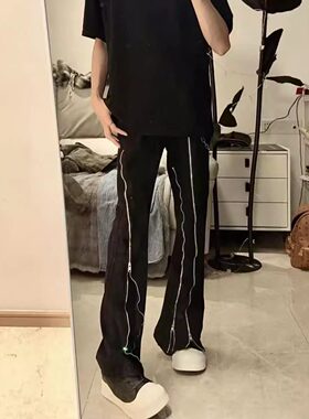 美式高街双分割拉链牛仔裤男ins潮紧身显瘦微喇阔腿设计感长裤子
