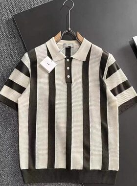 2025夏季新款撞色翻领男针织条纹短袖Polo衫高弹透气痞帅潮流百搭