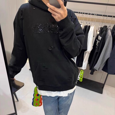 国潮轻奢硅胶字母GOOD破坏连帽套头卫衣情侣重工重磅时尚百搭上衣