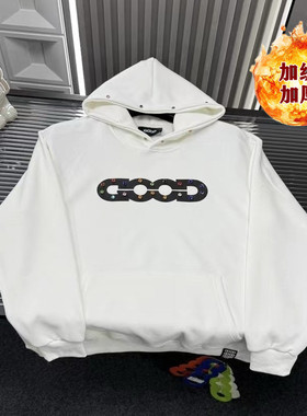 秋冬新款彩色宝石镶钻字母连帽卫衣男女加绒保暖轻奢慵懒情侣上衣