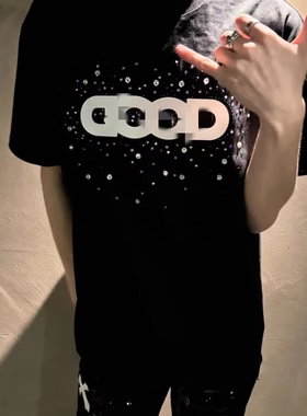 夏季GOOD满钻字母短袖T恤网红同款轻奢男士上衣休闲百搭纯棉潮流