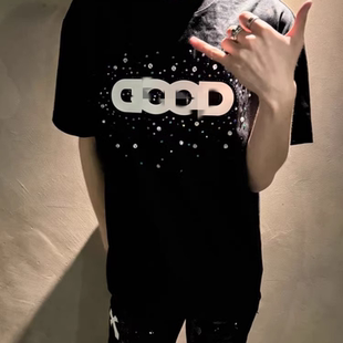 夏季GOOD满钻字母短袖T恤网红同款轻奢男士上衣休闲百搭纯棉潮流