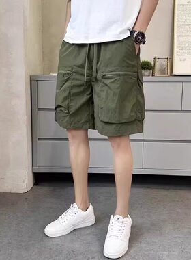 夏季户外速干工装短裤拉链多口袋中裤宽松直筒五分裤透气沙滩裤子