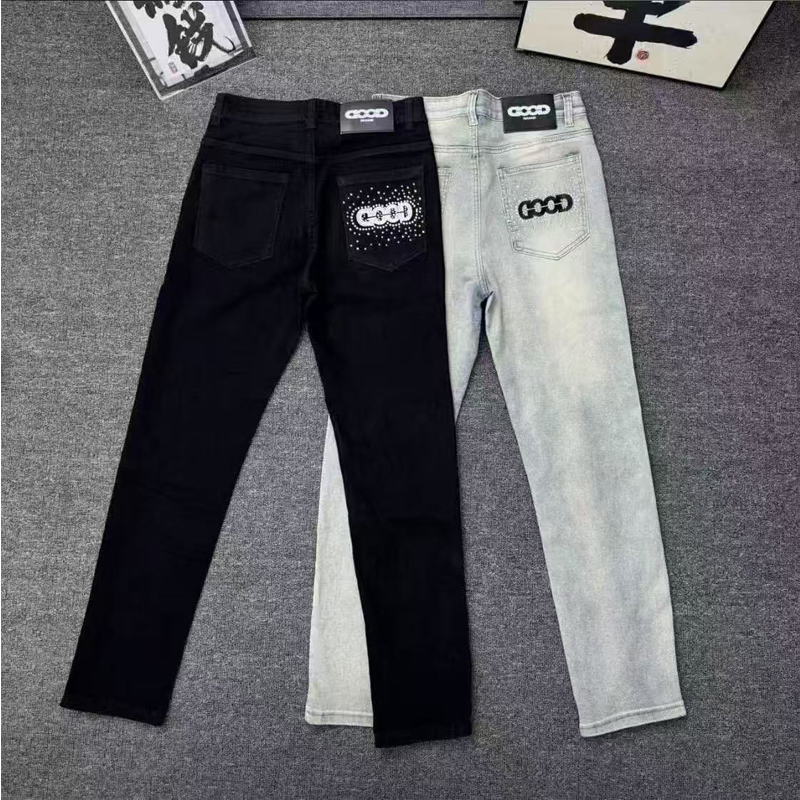 春秋季美式高街潮牌烫钻GOOD贴布刺绣牛仔裤男女同款修身小脚长裤