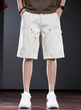 杏白色男牛仔短裤2025夏季新款休闲中裤欧美简约工装五分裤潮牌