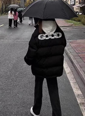 潮牌字母硅胶印花烫钻立领棉服男女冬季新款慵懒风宽松情侣外套潮