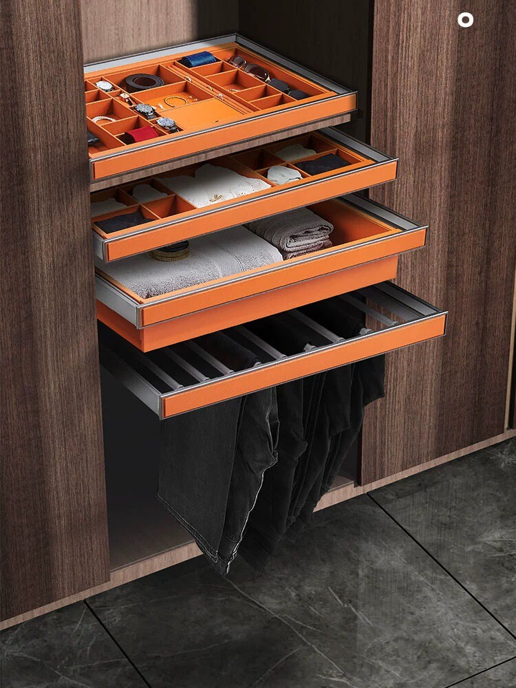 衣柜抽屉拉篮内置伸缩裤架衣帽间抽拉五金配件皮革首饰内衣盒格子