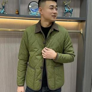 男士 秋冬轻奢欧货商务休闲百搭拼接压格翻领格纹棉服外套撞色领子