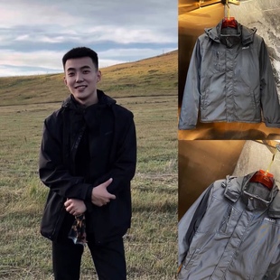 秋冬新款 复古连帽外套男潮牌户外薄棉服黑色拉链机能冲锋衣潮 美式