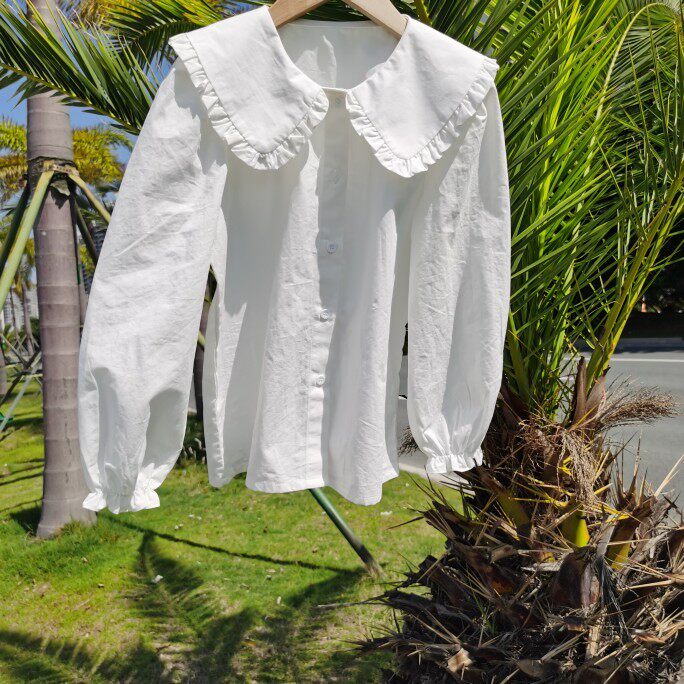 女童衬衫儿童白衬衣长袖春秋新款纯棉花边甜美娃娃衫上衣