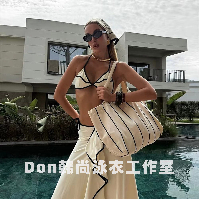 复古风撞色比基尼三件套高腰荷叶边裹裙度假沙滩显瘦网红泳装套装