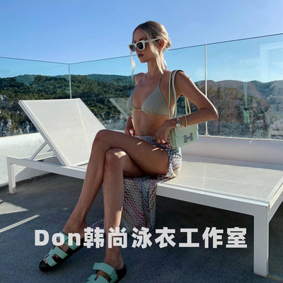 法国凯旋门简约重工2024新款比基尼莫迪兰色金属拼接高端度假泳衣