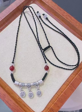 s999纯银竹报平安吊坠竹节弯管福字项链婴儿童宝宝女款饰品新中式