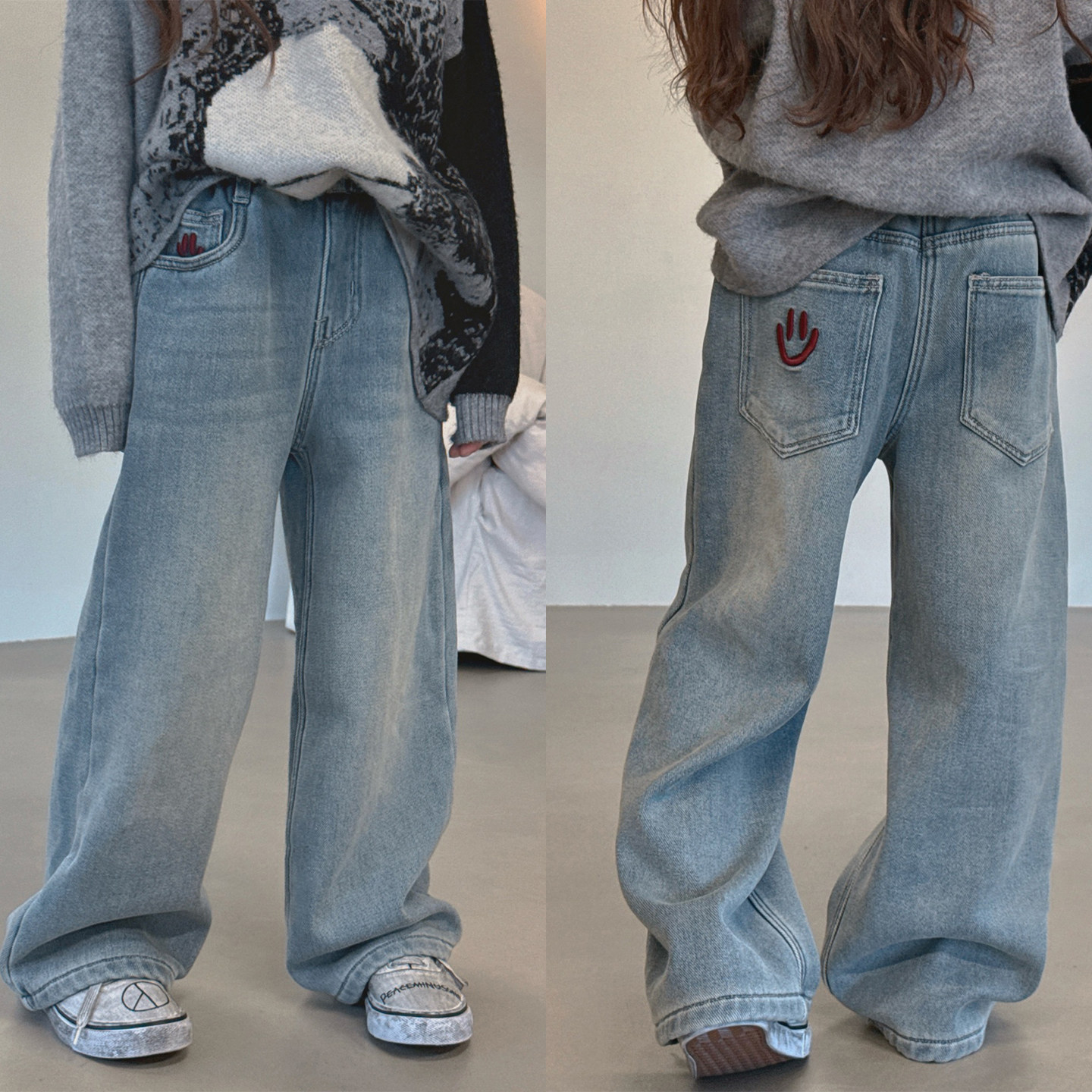 女童冬季笑脸刺绣加绒牛仔裤