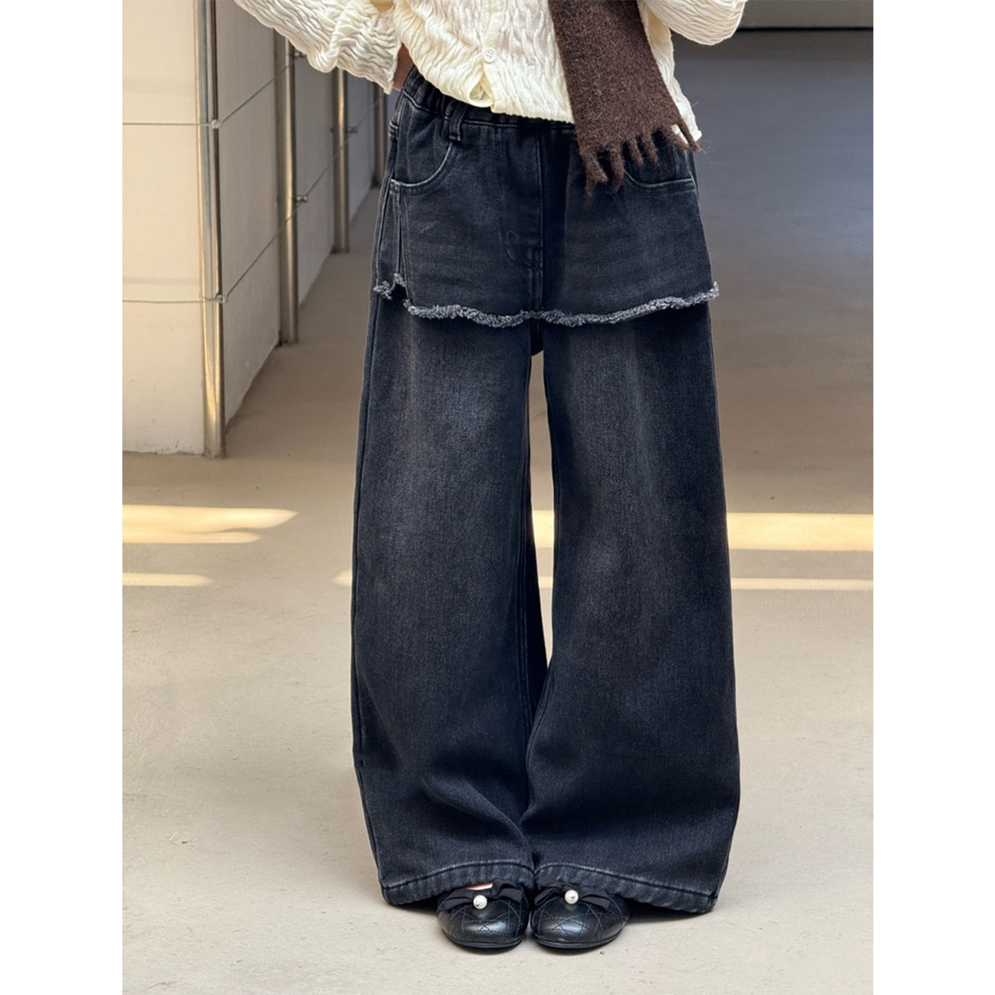 女童裙帘直筒牛仔裤童装秋冬阔腿