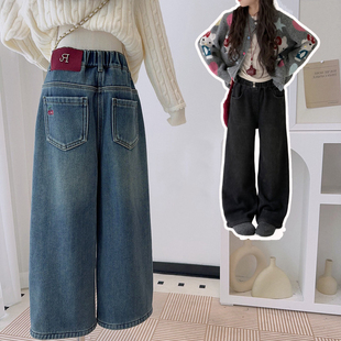 26秋冬新款儿童一体绒牛仔裤女中大童樱桃刺绣直筒裤韩版磨毛长裤