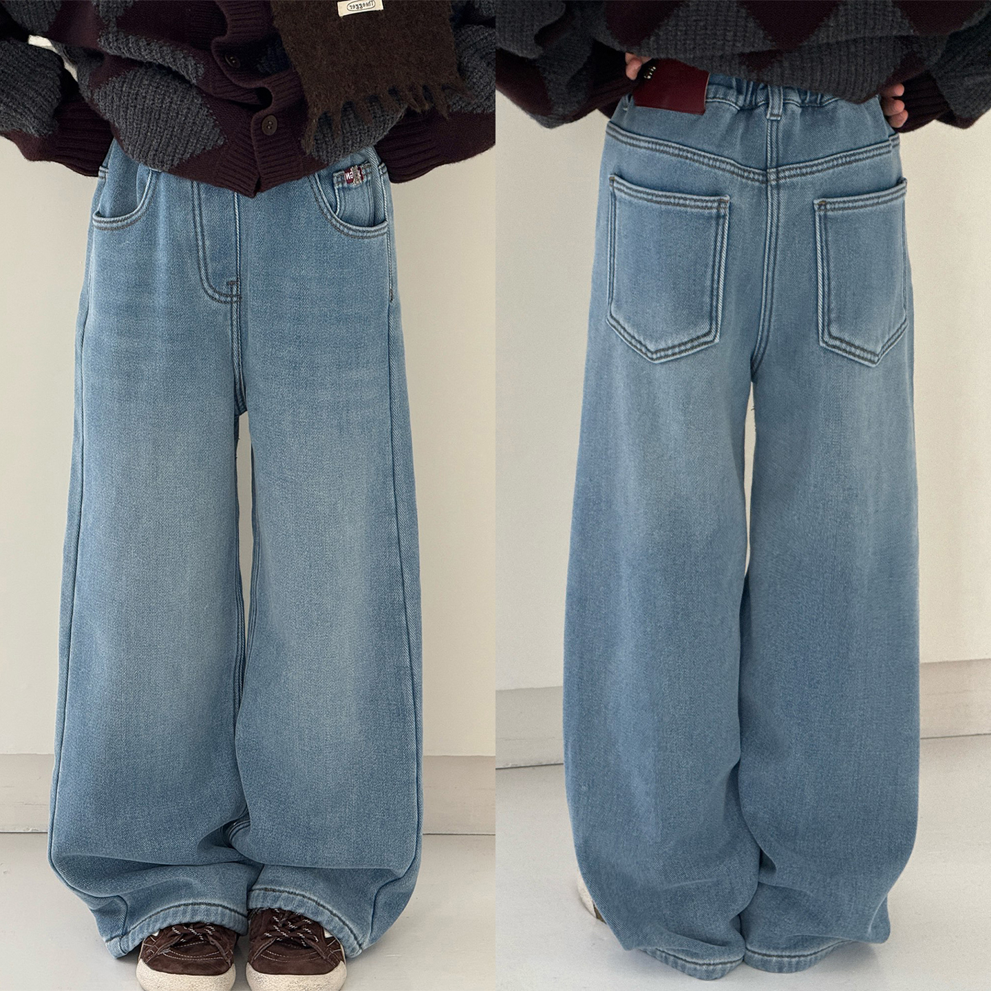 百搭款一体绒牛仔裤直筒长裤