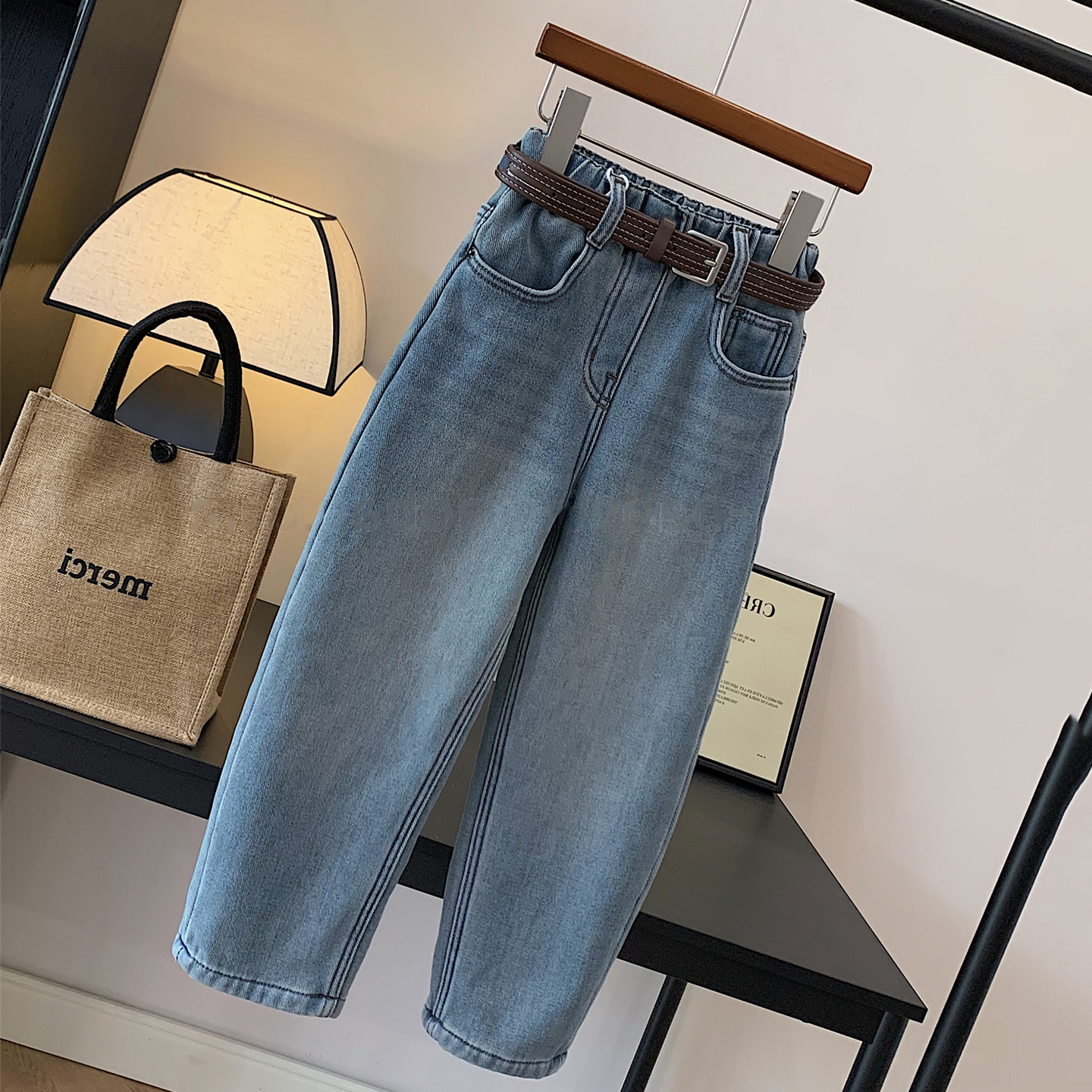 儿童韩版百搭一体绒浅蓝色牛仔裤