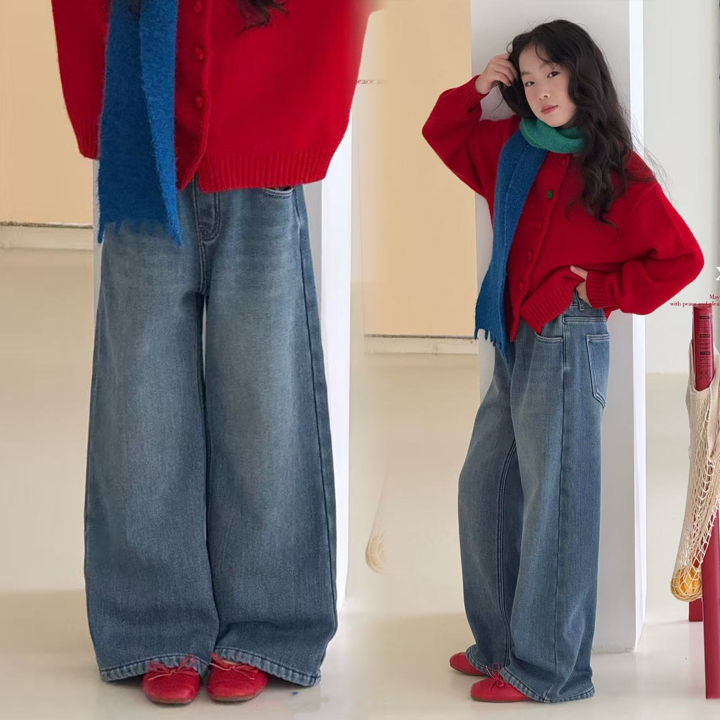 女童直筒牛仔裤秋冬加绒中大童