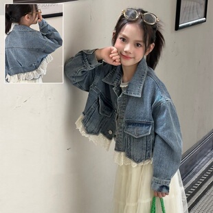 女童夹克牛仔外套2026春夏夹克长袖儿童蕾丝学生小个子中大童装潮