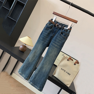 2025冬装 长裤 新款 儿童高腰修身 潮 一体绒腰带抽绳牛仔喇叭裤 女童装