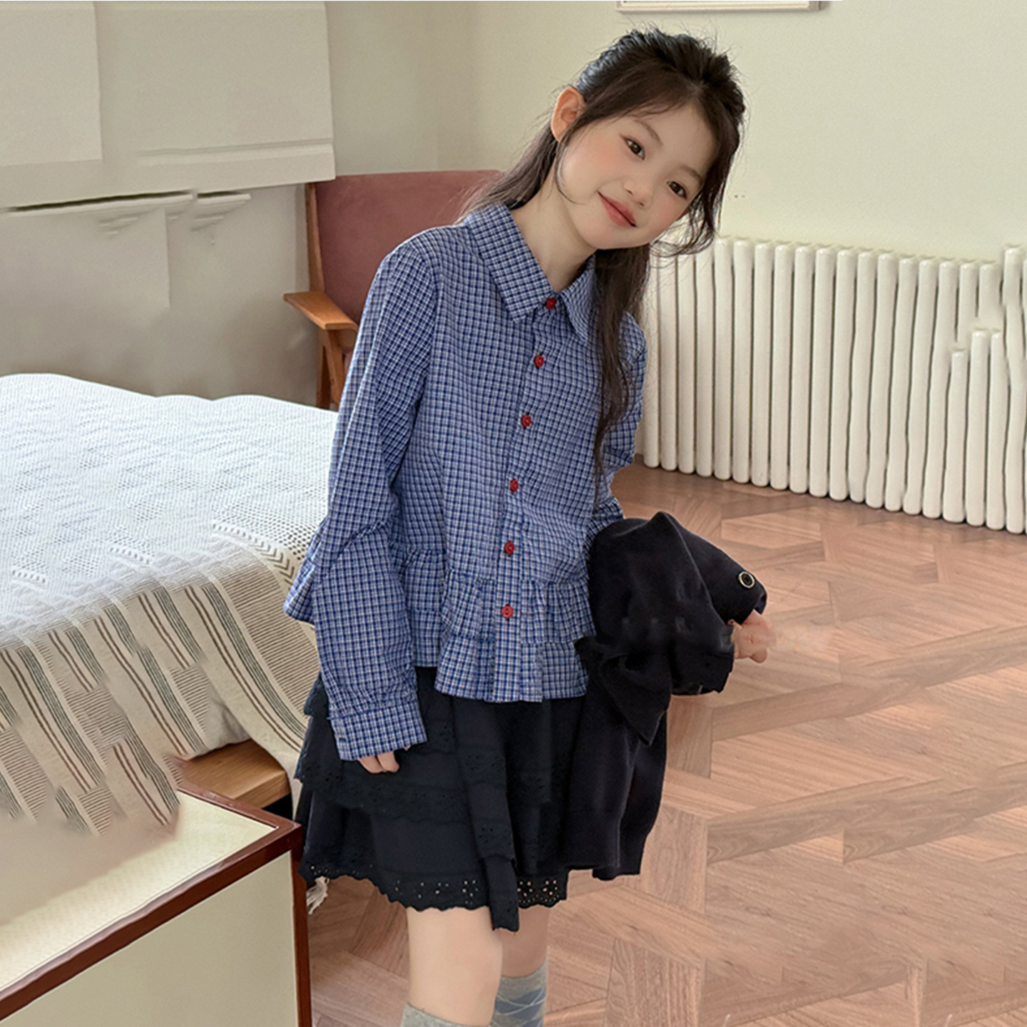 长袖短款温柔风25秋季格子荷叶边