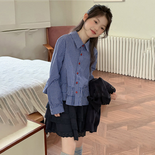 女童格子衬衫25秋季新儿童甜美森系荷叶边长袖衬衣小个子短款上衣