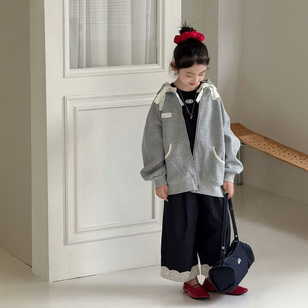韩国童装女童连帽卫衣外套26秋款女童蕾丝拉链开衫中大童休闲上衣