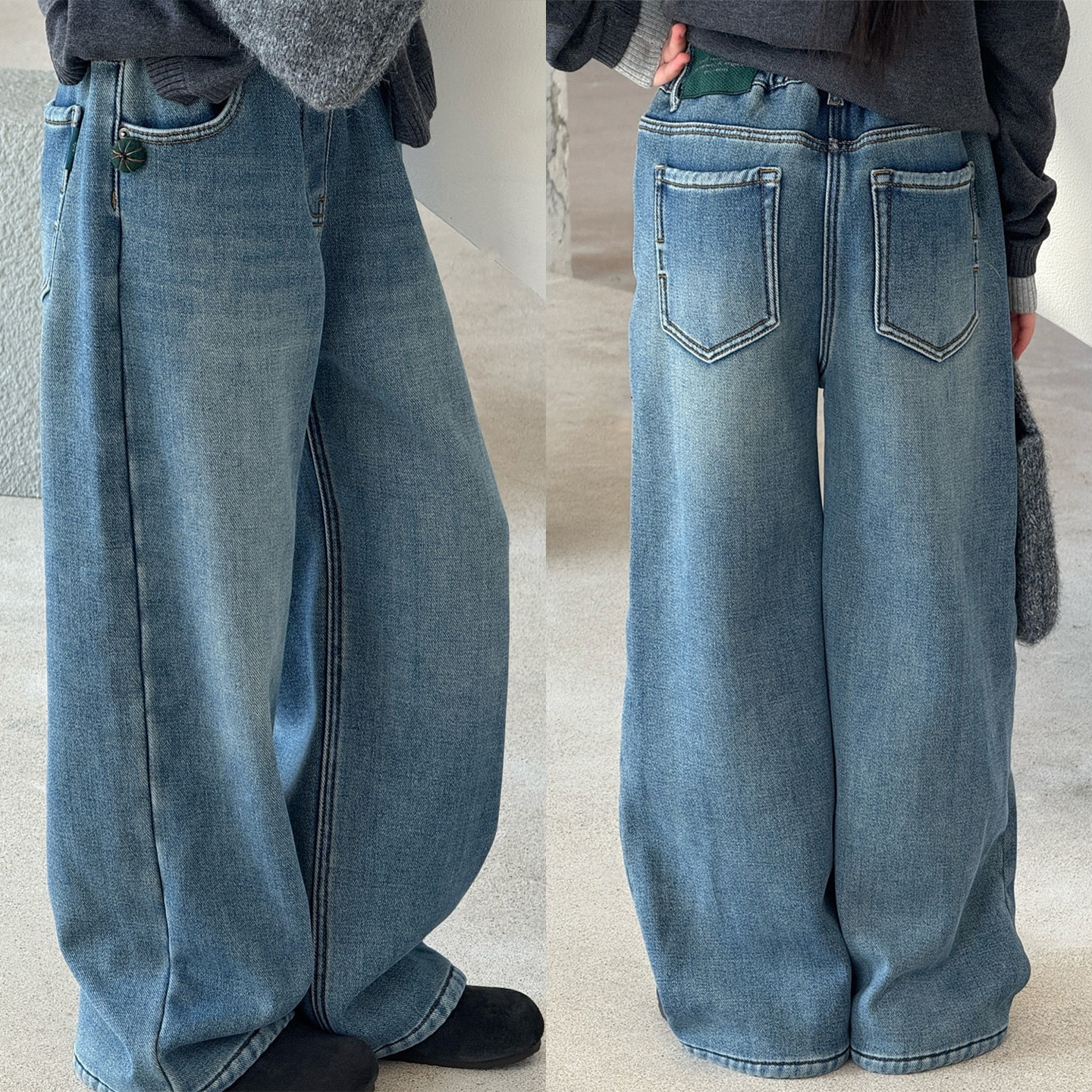 女童加绒牛仔裤超软一体绒直筒裤