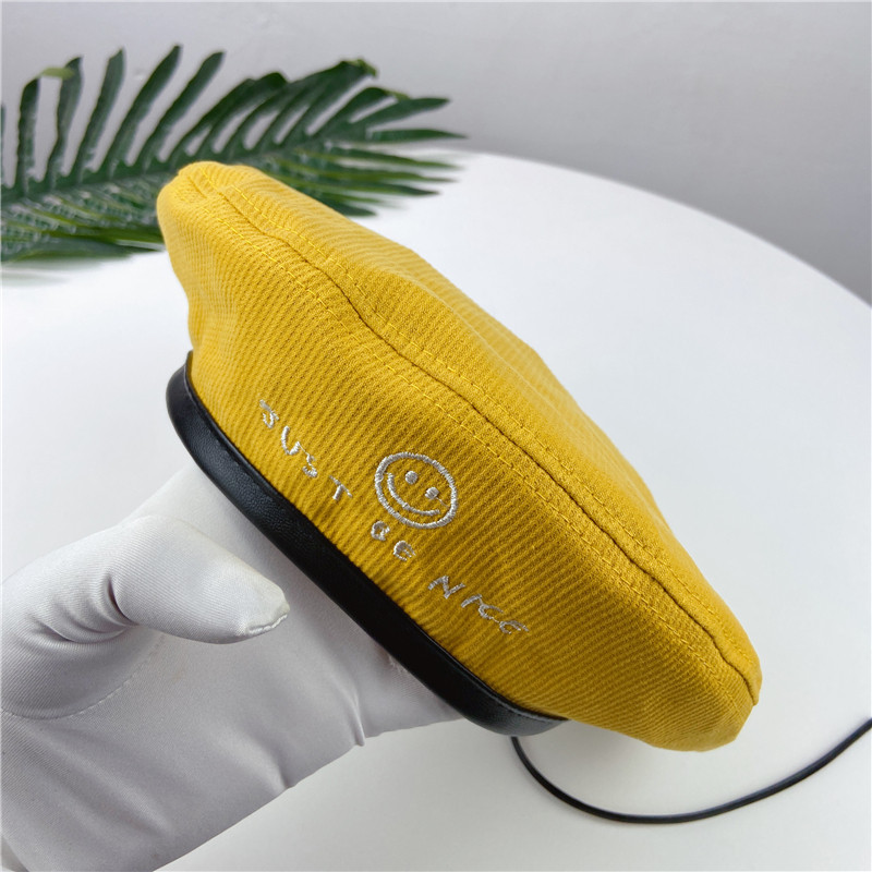 秋冬帽子新款灯芯绒字母笑脸画家帽休闲学生女士情侣贝雷帽皮包边