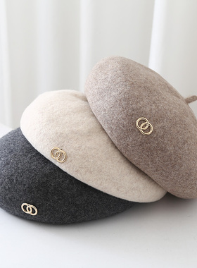 凹造型B备！小香毛呢贝雷帽女秋冬季双环标蓓蕾帽子显脸小画家帽