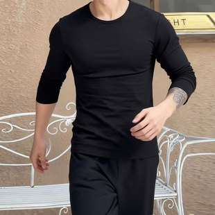 修身圆领弹力运动长袖男士T恤95%棉春秋纯色美式紧身打底上衣体恤