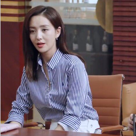 完美关系佟丽娅明星同款衬衫女长袖百搭时尚洋气蓝色条纹刺绣衬衣
