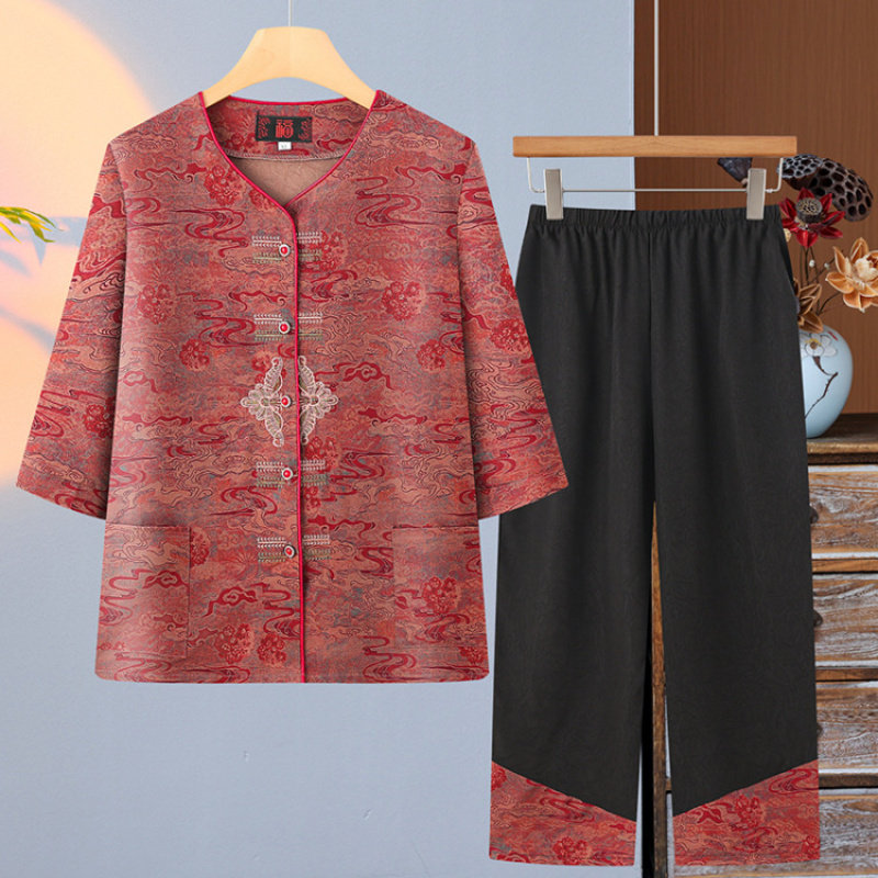 中老年人夏装套装女妈妈中袖棉绸开衫老人衣服奶奶老太太两件套装