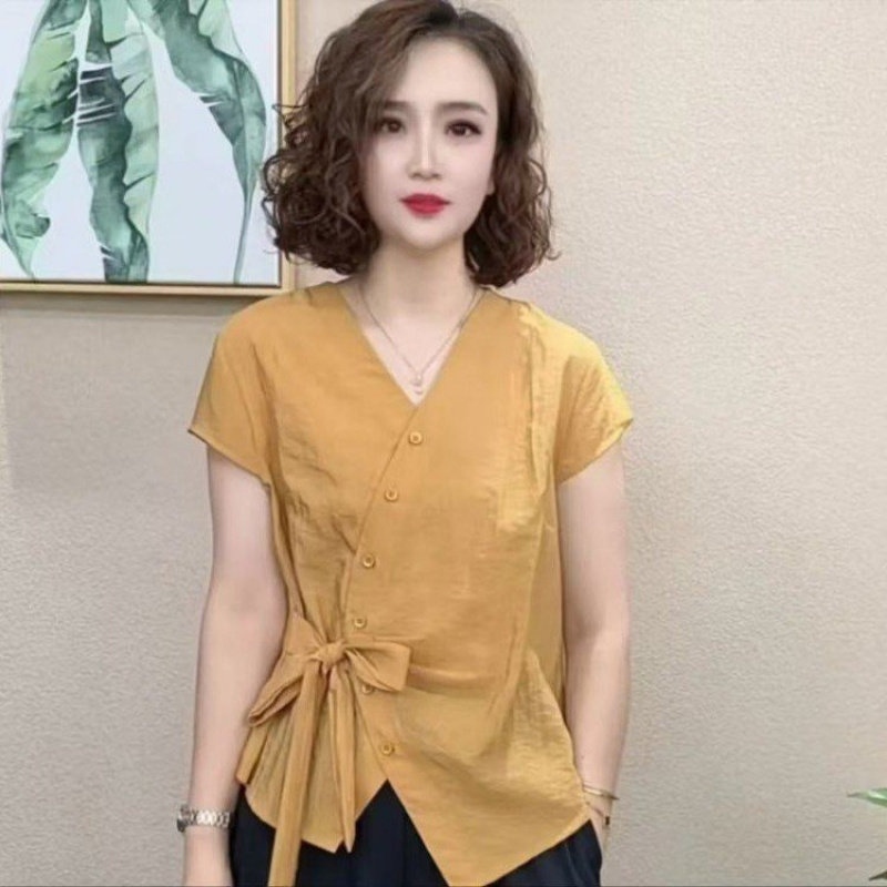 妈妈装夏季上衣体恤衫薄款韩版短袖系带V领衬衫网红流行百搭衬衣,女装/女士精品,衬衫,淘宝优惠券,粉丝福利购,淘宝优惠卷