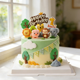 动物园主题蛋糕装饰森林小动物老虎狮子玩偶摆件儿童生日卡通插牌