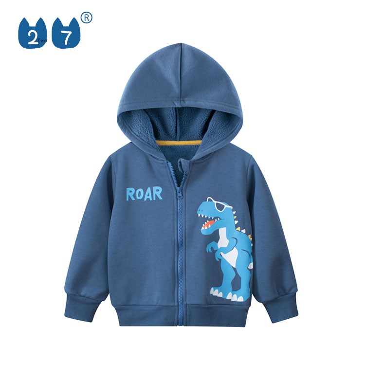 27kids秋冬款外套韩版加绒冬装潮上衣男童恐龙卡通休闲连帽长袖衫