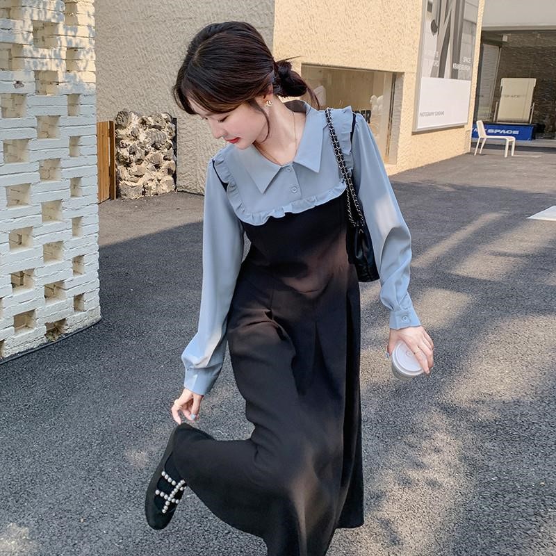 法式气质假两件撞色衬衫连衣裙女2025春秋季新款韩版收腰显瘦长裙
