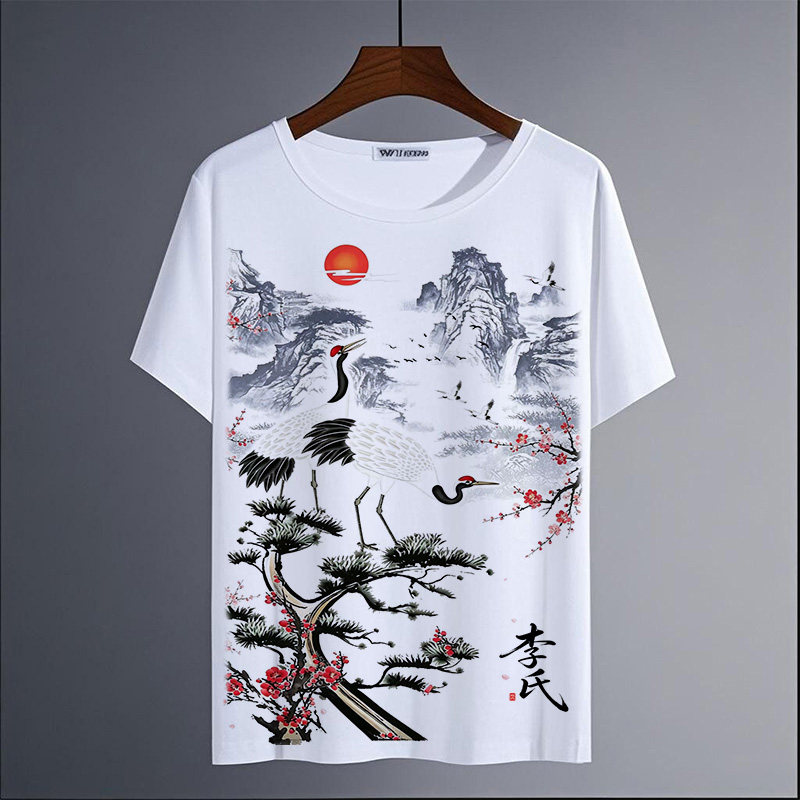 新品仙鹤印花百家姓T恤女男装仙桃姓氏夏季学生亲子装国风短袖潮