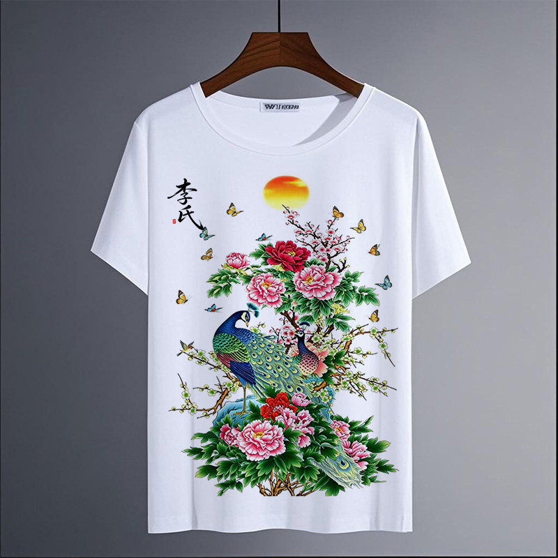 2026夏衣孔雀印花百家姓T恤女装姓氏男女同款亲子装花鸟图短袖潮